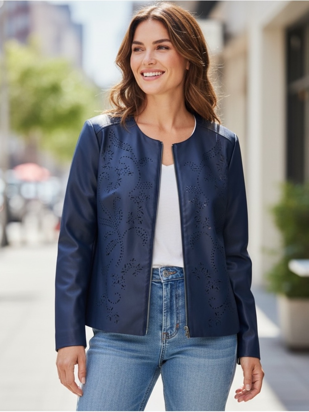 SUSAN GRAVER Women’s LP Blue Faux Leather Jacket QVC